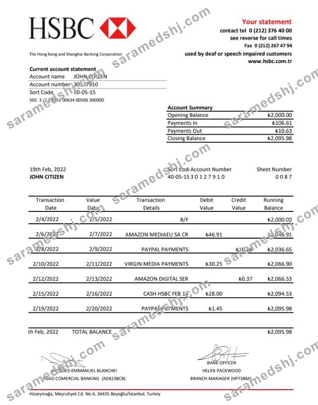 Turkey HSBC bank statement xls